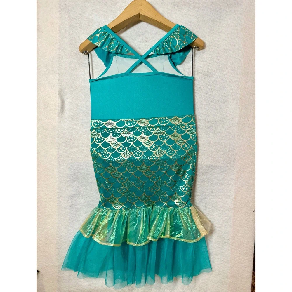 Cat & Jack Girls Teal Mermaid Swimsuit and Skirt Cover Up Set 4T Gold Foil Scale